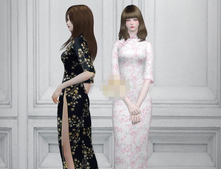 模拟人生4女性简洁印花露腿旗袍MOD