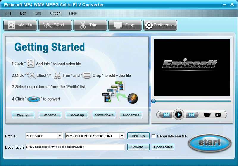Emicsoft MP4 WMV MPEG AVI to FLV Converter v4.1.24