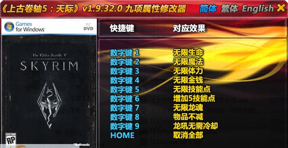 上古卷轴5九项修改器 v1.9.32.7