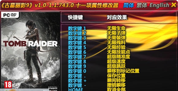 古墓丽影9十一项修改器 v3.9