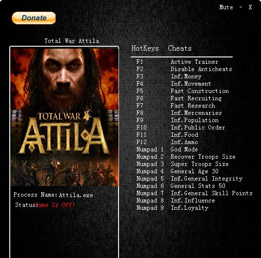阿提拉全面战争十九项修改器 v1.6.7