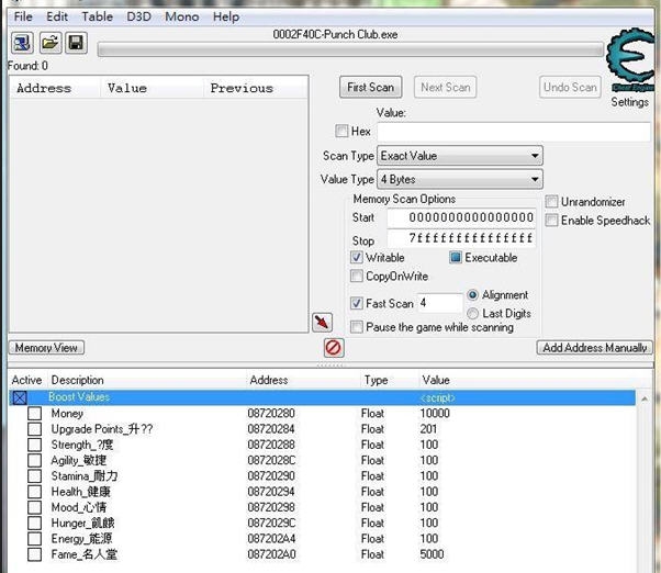 拳击俱乐部多项修改CE脚本 v2.6