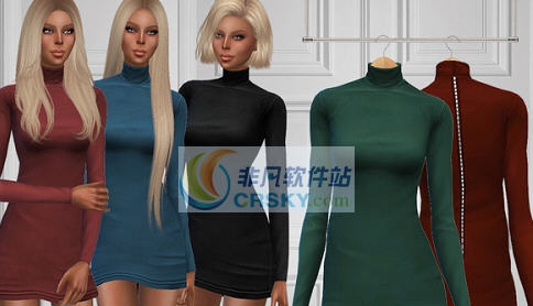 模拟人生4女士棉布高领长袖拉丝连衣短裙MOD v2.7