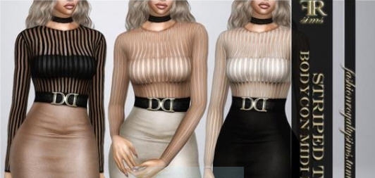 模拟人生4性感条纹紧身中长连衣裙MOD v2.3