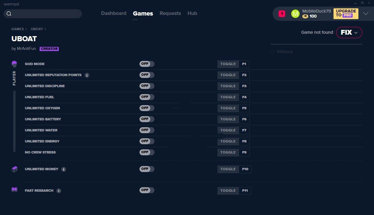UBOAT修改器(十一项) v1.16