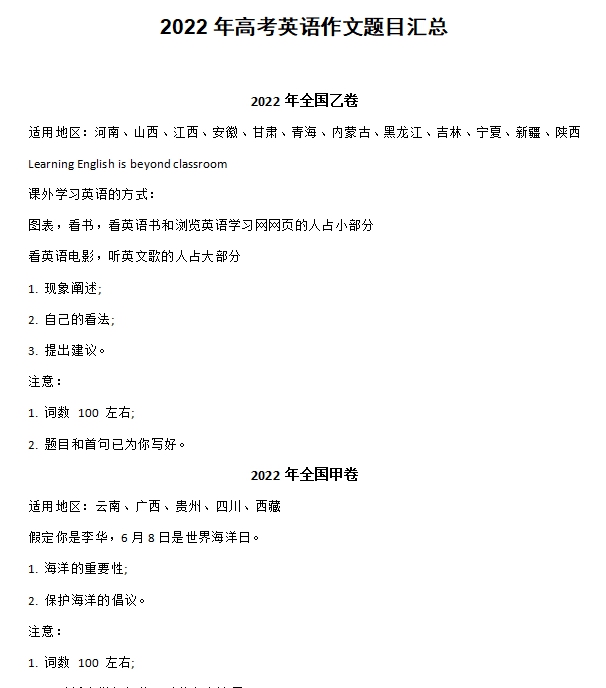 2022年高考英语作文题目汇总 v1.6