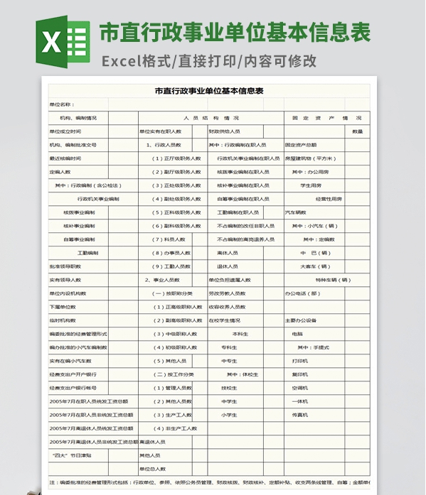 市直行政事业单位基本信息表模板 v2.20