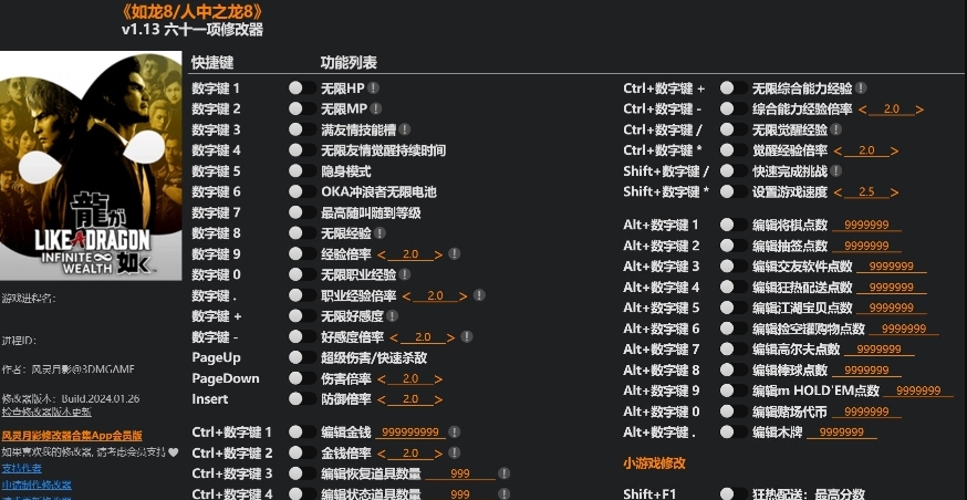 如龙8修改器风灵月影版+61 v1.14 如龙8修改器风灵月影版+61 v1.14